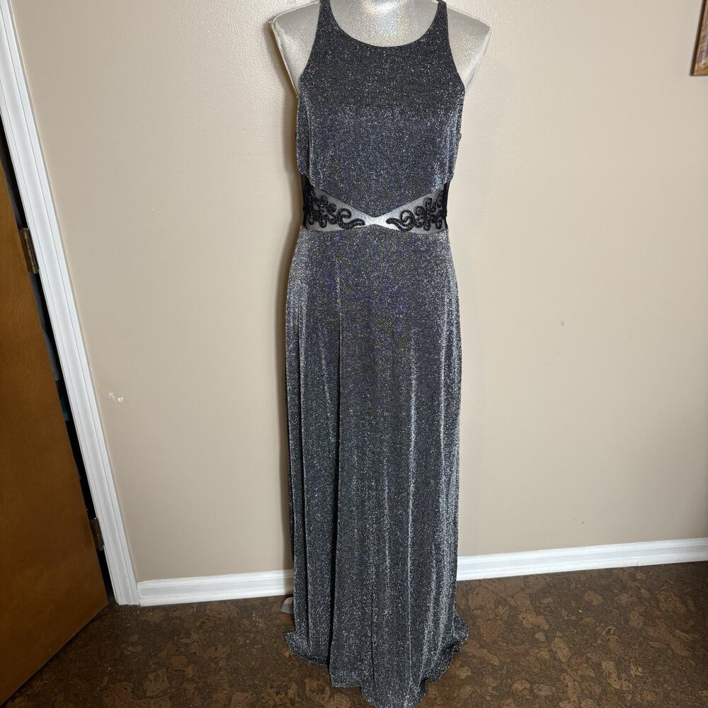 90s Dark Feminine Silver Maxi Dress Sheer Mesh Embroidered Gothic Formal 13/14